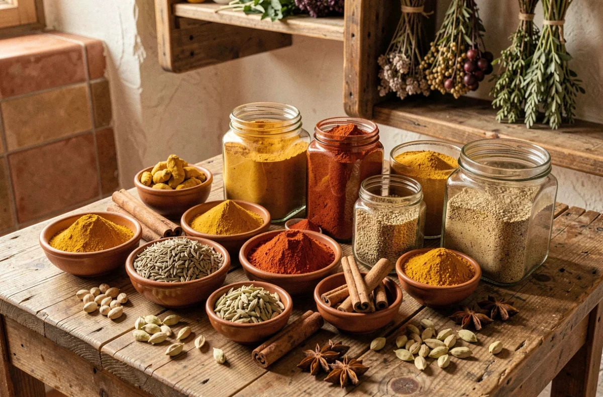 Collection d'épices variées dans des bols en céramique et bocaux en verre sur une table en bois rustique dans une cuisine méditerranéenne