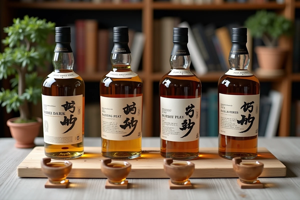 Comparaison de quatre bouteilles de whisky japonais avec fiches de dégustation et échantillons versés
