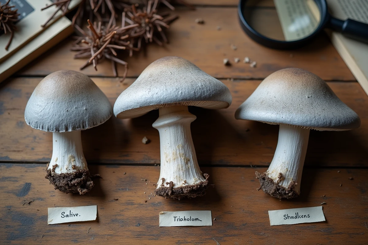 Comparaison de trois espèces de tricholomes gris posés sur une table en bois rustique avec étiquettes naturalistes pour identification mycologique