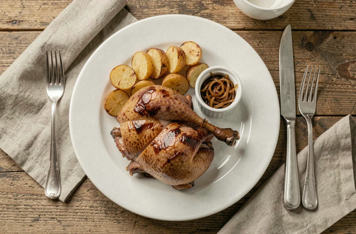 Confit de canard dressé avec des pommes de terre sarladaises dorées et des échalotes caramélisées sur une table en chêne rustique