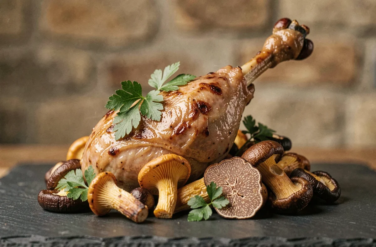 Gros plan d'un confit de canard sur un lit de champignons sauvages avec chanterelles et truffe sur une ardoise sombre