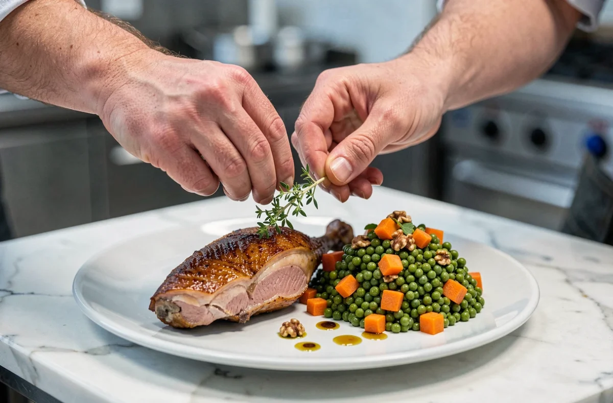 Chef dressant un confit de canard avec une salade de lentilles du Puy et une vinaigrette à l'huile de noix en cuisine professionnelle