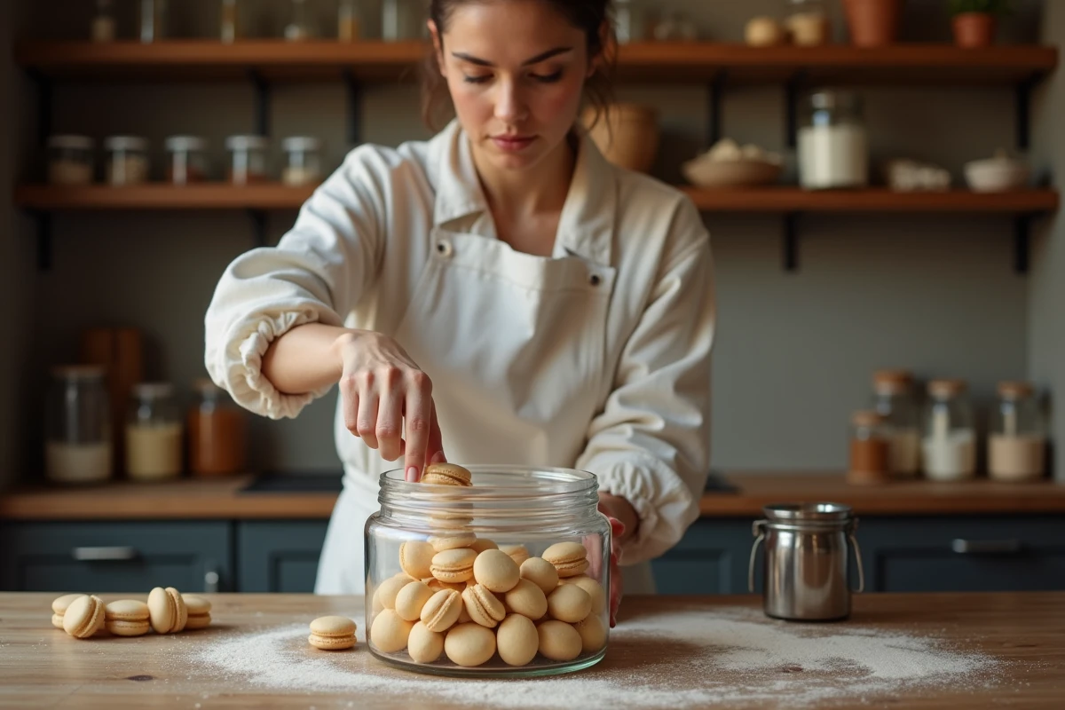 Femme en tablier blanc rangeant des coques de macarons vides dans une boîte hermétique en verre sur une table en bois