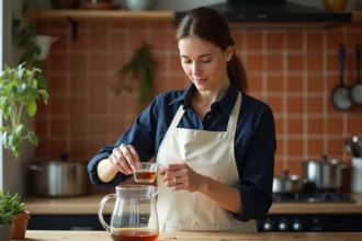 Femme en tablier versant un liquide dans un pichet gradué pour convertir des centilitres en litres en cuisine