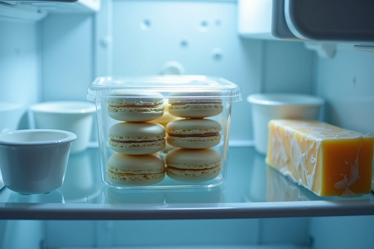 Coques de macarons vides conservées dans une boîte en plastique transparente sur une étagère de réfrigérateur