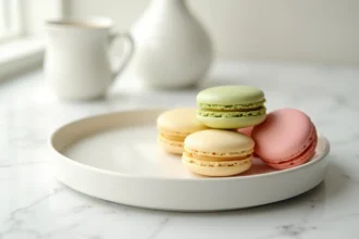 Coques de macarons vides en couleurs pastel disposées sur une assiette en céramique blanche sur un plan de travail en marbre