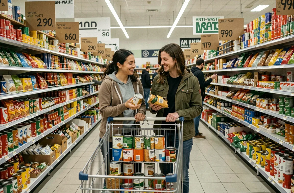 Couple faisant leurs courses dans un magasin anti-gaspi pour économiser sur leur budget alimentaire