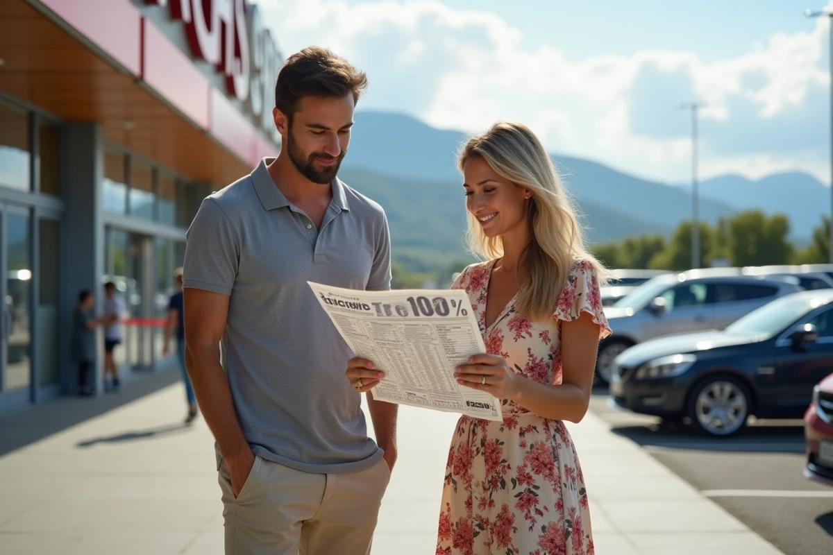 Couple comparant des promotions devant l'entrée du centre commercial Venta Peio à Dancharia