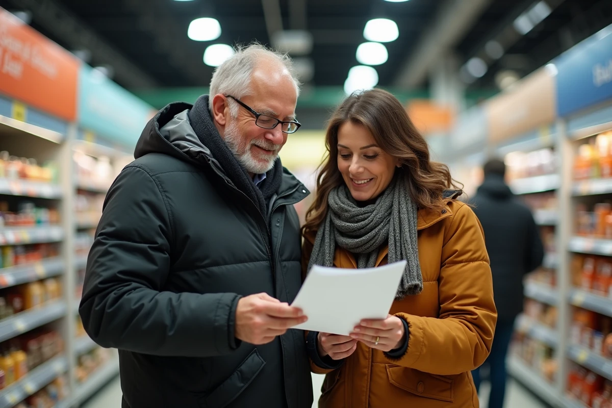Deux adultes examinant une liste de courses dans un supermarché