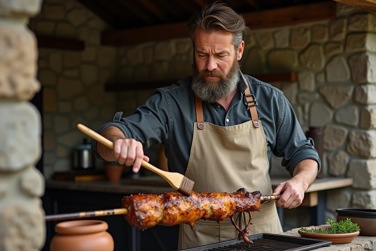 Cuisinier barbu en tablier de toile badigeonnant un gigot de chevreuil à la broche dans une cuisine de pierre rustique