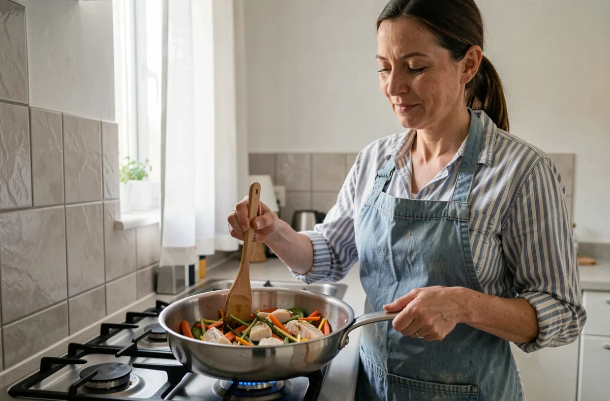 Femme cuisinant un filet de julienne en one pot dans une poêle sur gazinière, vue trois quarts en cuisine moderne