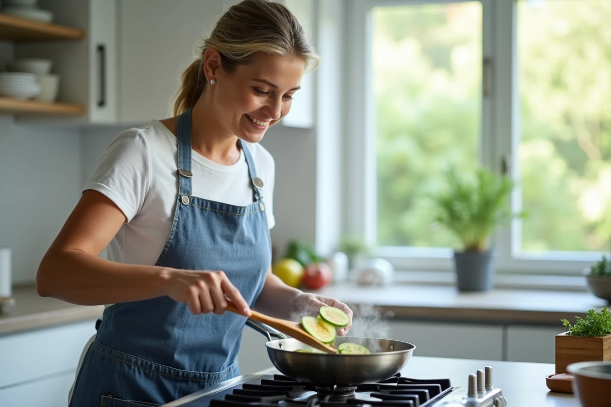 Femme cuisinant une poêlée de courgettes à la spatule en bois sur une cuisinière à gaz dans une cuisine moderne