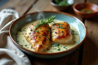 Cuisse de poulet en sauce crème aux herbes fraîches servie dans une assiette rustique style bistrot