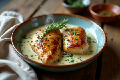 Cuisse de poulet en sauce crème aux herbes fraîches servie dans une assiette rustique style bistrot