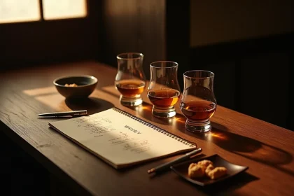 Trois verres de whisky japonais sur une table en bois avec carnet de dégustation et notes aromatiques
