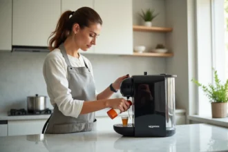 Femme effectuant le détartrage de sa machine Nespresso Magimix avec une solution détartrante dans une cuisine moderne