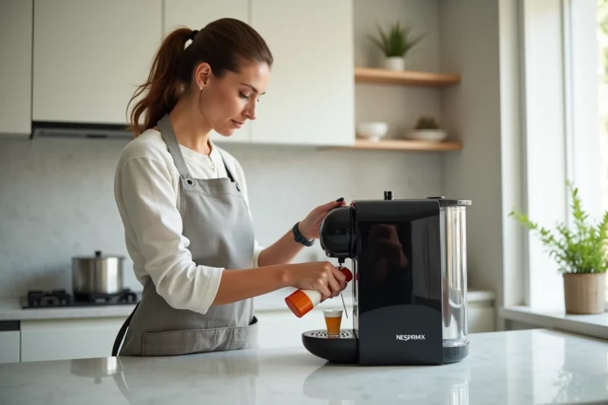 Femme effectuant le détartrage de sa machine Nespresso Magimix avec une solution détartrante dans une cuisine moderne