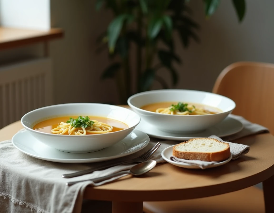 Dîner léger avec deux bols de soupe vermicelle maison sur table de salle à manger, repas du soir simple et réconfortant