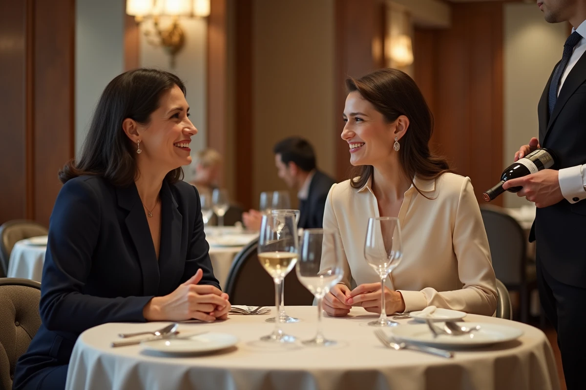 Deux femmes élégantes dégustant un vin en restaurant