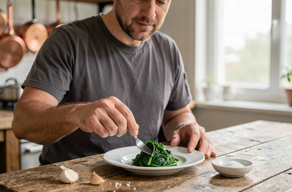 Chef dressant des épinards cuits sans eau sur une assiette en céramique blanche avec de l'ail et de la fleur de sel sur une table en chêne