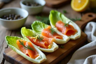 Barquettes d'endives garnies de saumon fumé, fromage frais et aneth sur une planche en bois rustique, vue de dessus