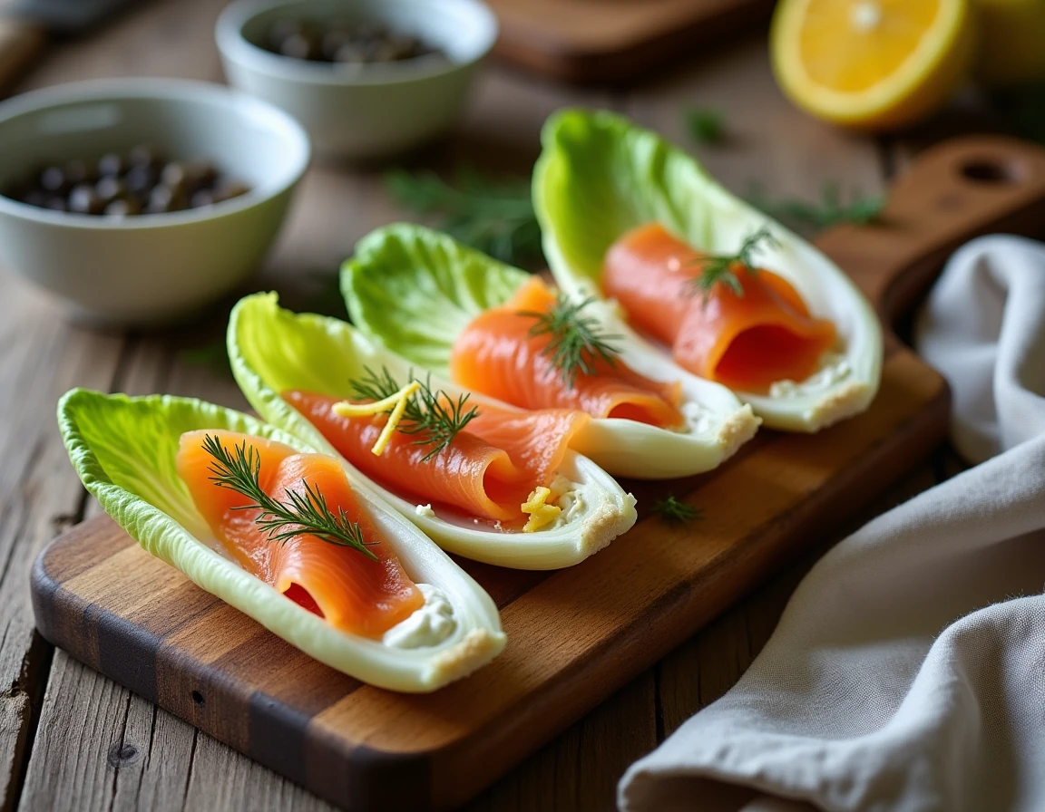 Barquettes d'endives garnies de saumon fumé, fromage frais et aneth sur une planche en bois rustique, vue de dessus