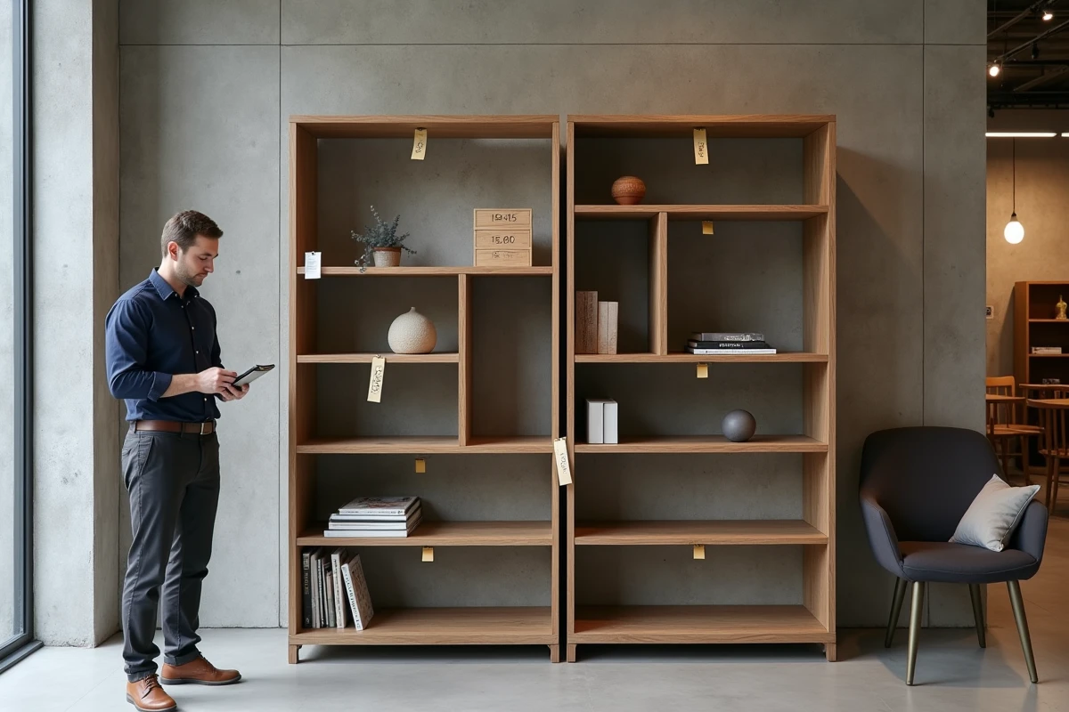 Journaliste évaluant la durabilité d'une bibliothèque modulaire So Cooc en showroom, avec étiquettes d'inspection et prise de notes éditoriale
