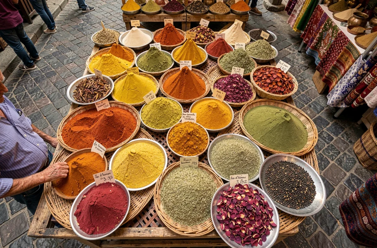 Vue aérienne d'un étal de marché méditerranéen avec des monticules d'épices colorées en vrac dans des plateaux en osier avec des étiquettes manuscrites en français
