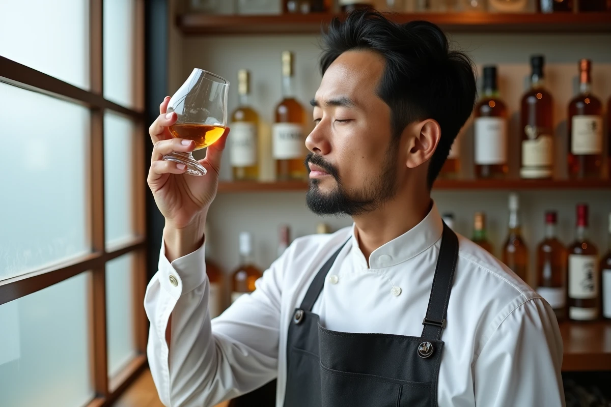 Sommelier japonais évaluant les arômes d'un verre de whisky dans une boutique de spiritueux