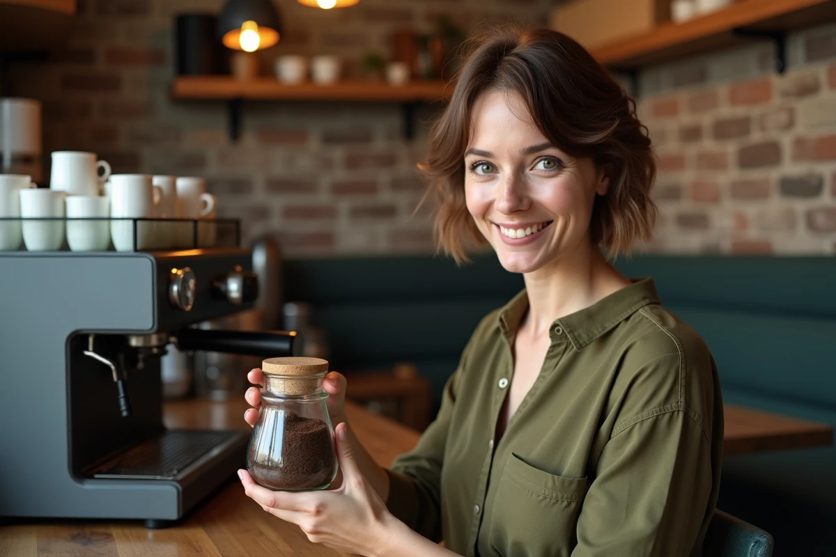 Femme souriante avec tasse de café dans un café artisanal