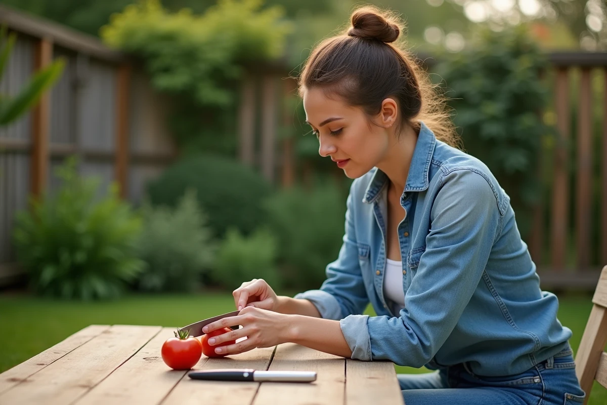 Jeune femme coupant une tomate avec un couteau en extérieur