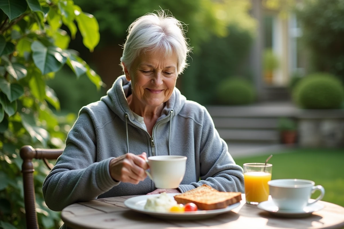 Femme active dégustant un petit déjeuner dans son jardin