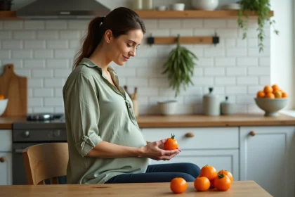 Femme enceinte tenant un fruit kaki dans ses mains à la cuisine, examinant sa texture et sa maturité avec attention