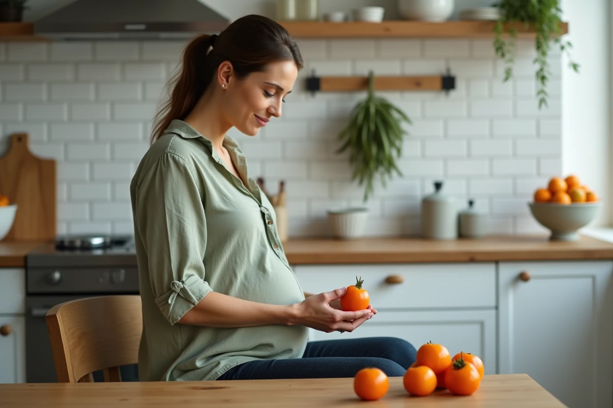 Femme enceinte tenant un fruit kaki dans ses mains à la cuisine, examinant sa texture et sa maturité avec attention