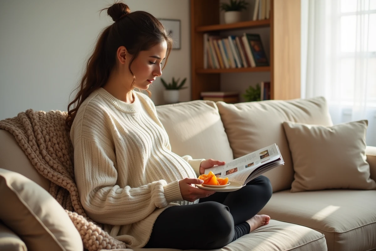 Femme enceinte mangeant des tranches de kaki sur un canapé en lisant un magazine de santé prénatale dans un salon cosy