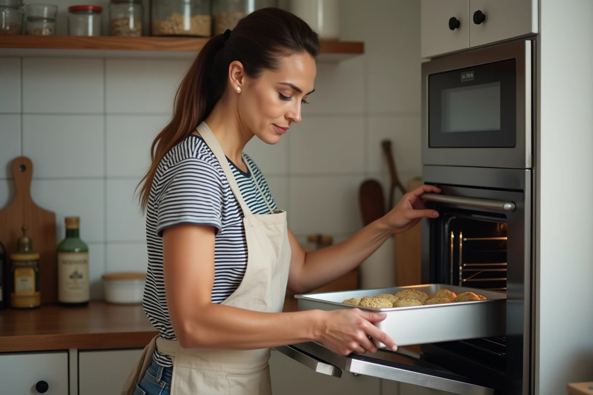 Femme enfournant une plaque de four remplie de petites bouchées pour un apéro dinatoire fait maison dans une cuisine moderne