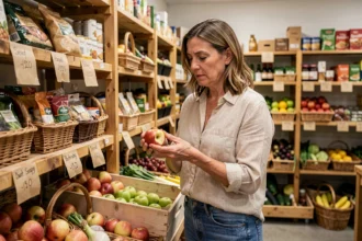 Femme examinant des fruits imparfaits dans un magasin anti-gaspi pour réduire son budget courses
