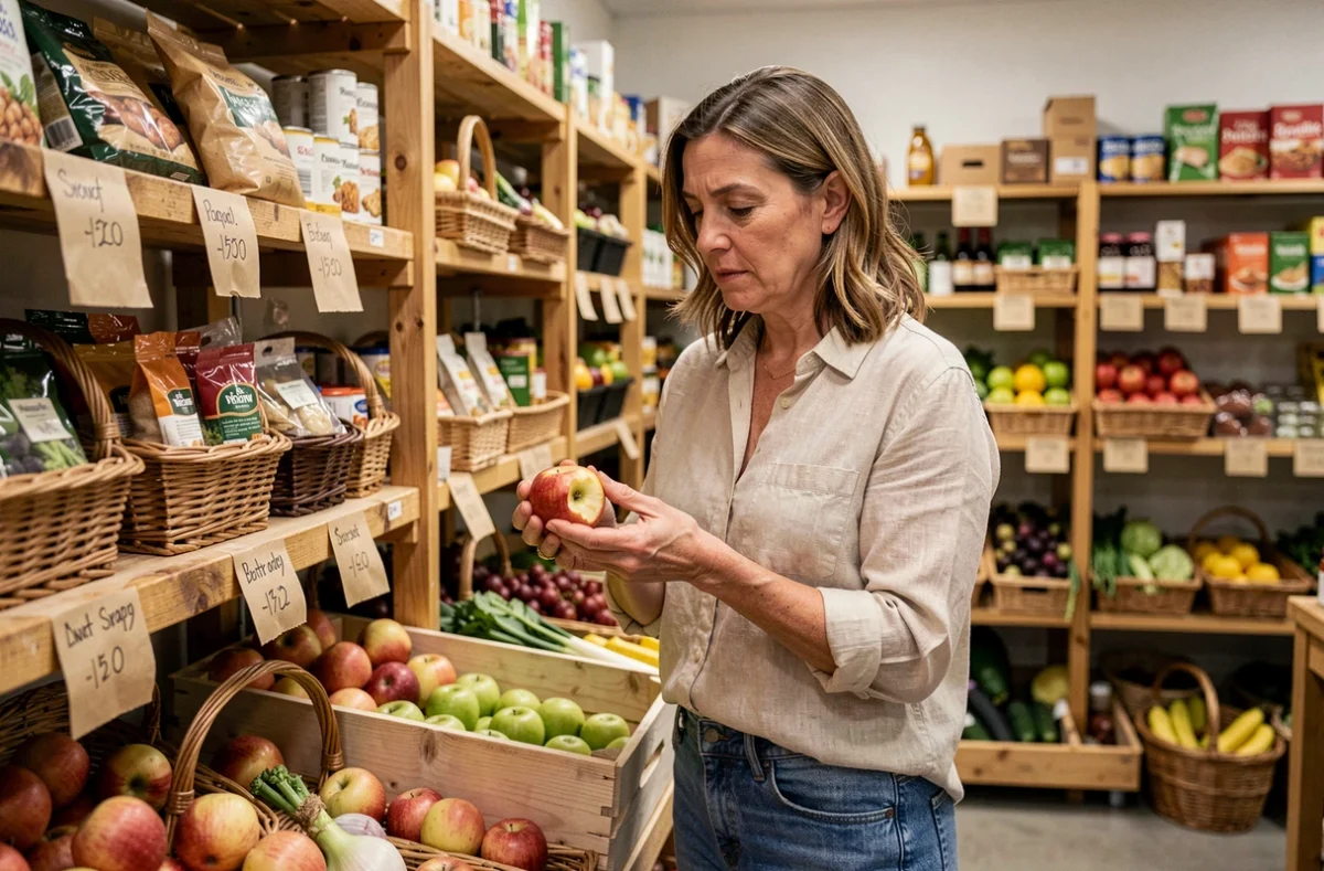 Femme examinant des fruits imparfaits dans un magasin anti-gaspi pour réduire son budget courses