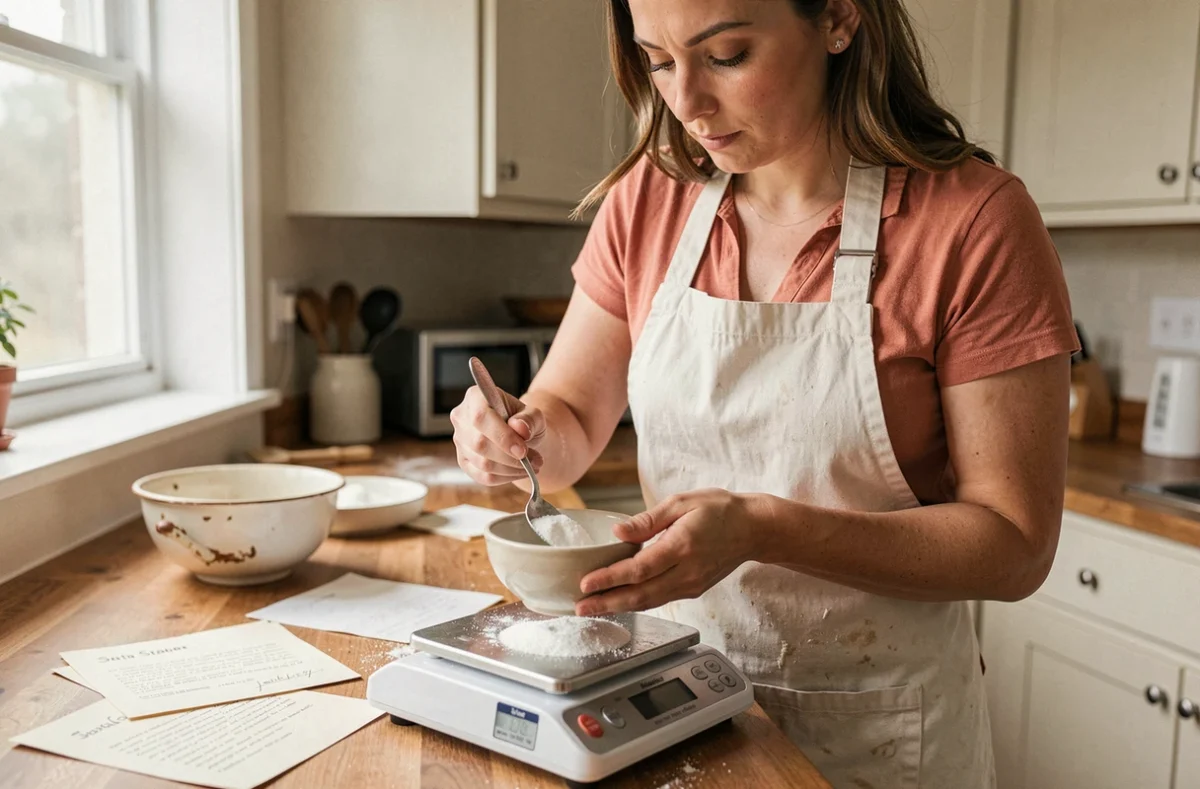 Femme pâtissière pesant du sucre en poudre sur une balance de cuisine numérique pour convertir des grammes en centilitres