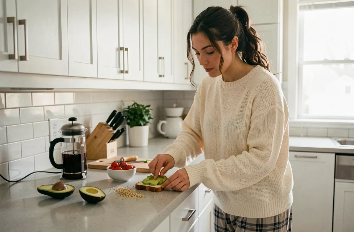 Jeune femme en pyjama préparant un brunch improvisé avec toast à l'avocat dans une cuisine moderne le dimanche matin