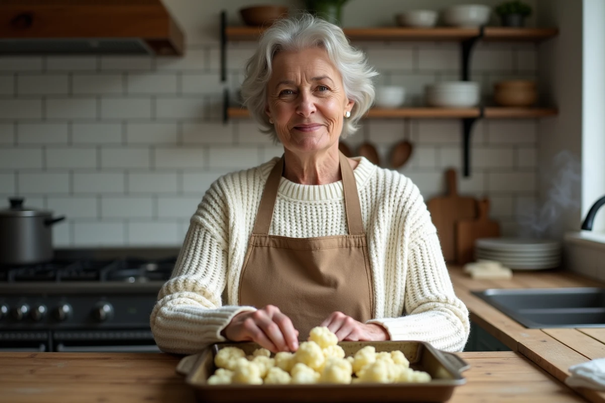 Femme préparant des fleurettes de chou-fleur rôti sur une plaque de cuisson dans une cuisine maison en hiver