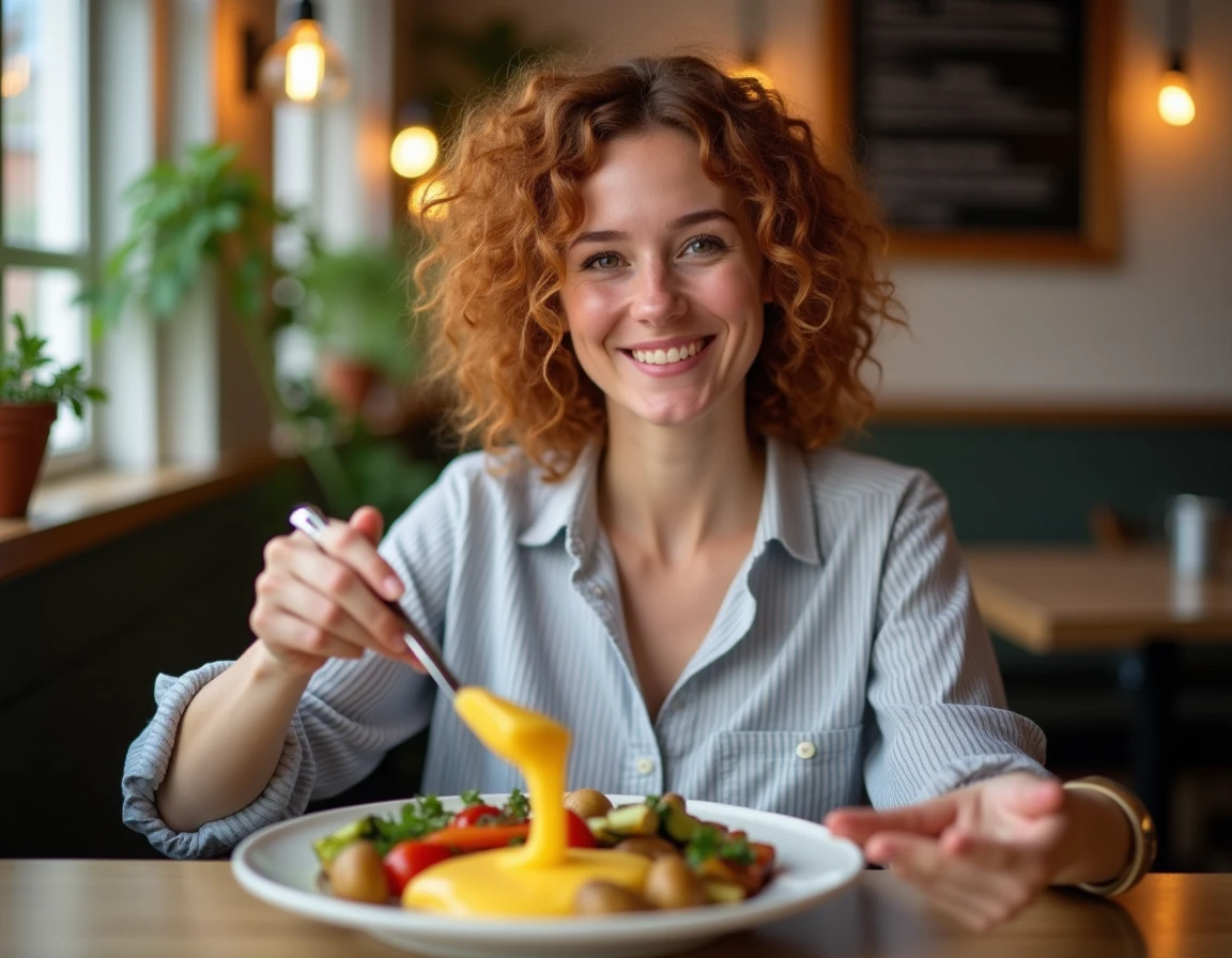 Femme souriante dégustant une raclette végétarienne dans un bistrot toulousain avec fromage fondu et légumes