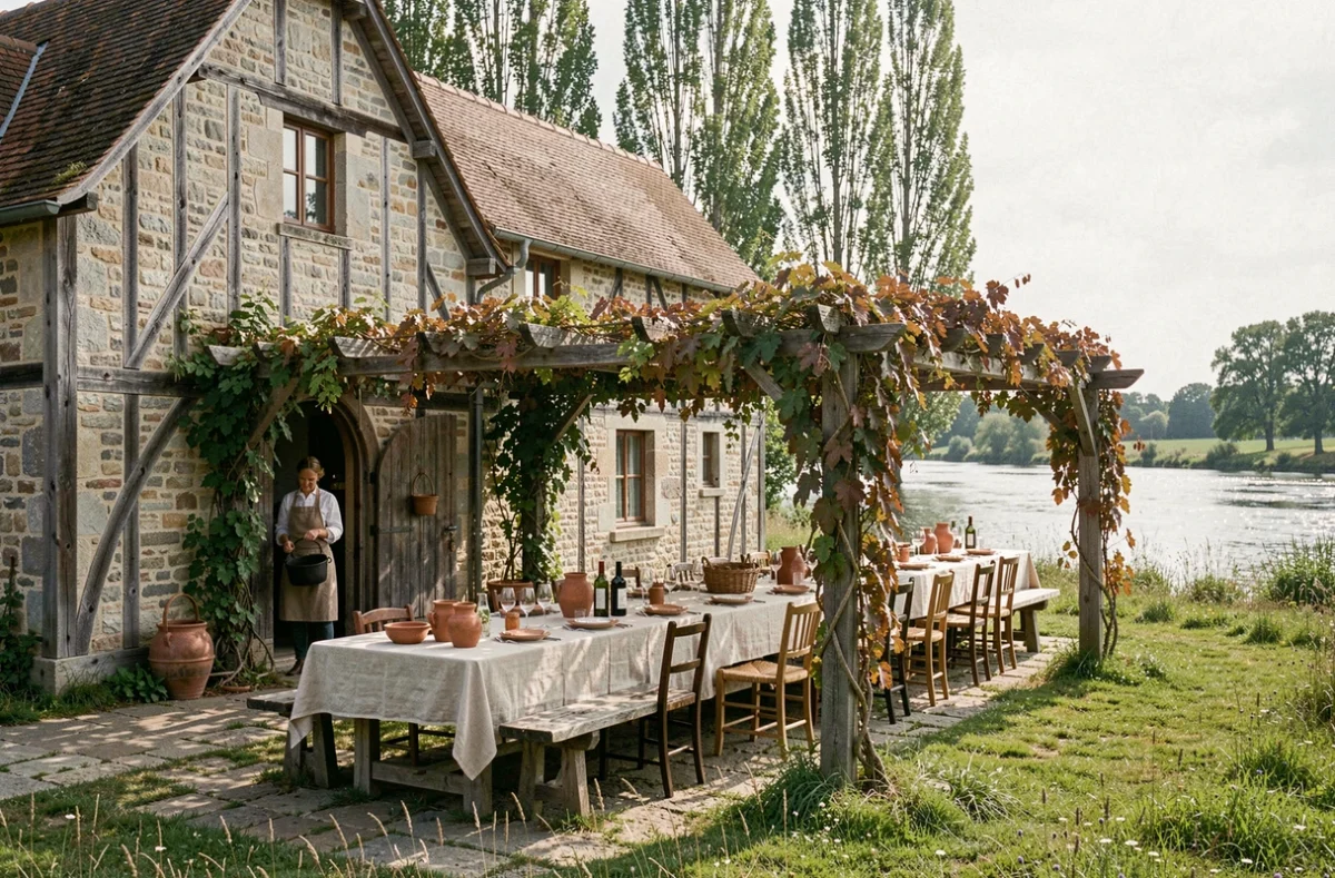La Ferme de Cocherel au bord de l'Eure avec sa longue table sous pergola, la chef portant un plat en fonte et les prairies en arrière-plan