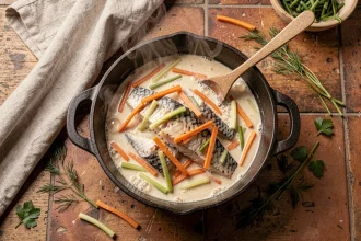 Filet de julienne cuit en one pot dans une cocotte en fonte avec légumes et sauce crémeuse, vue de dessus sur table en bois