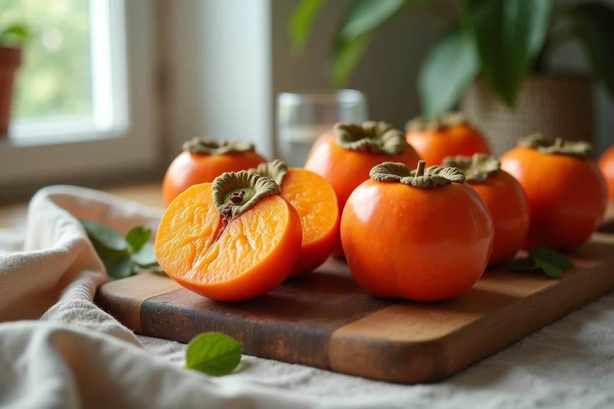 Fruits kakis mûrs entiers et coupés en deux sur une planche en bois, montrant la chair orange et les graines, idéaux pendant la grossesse