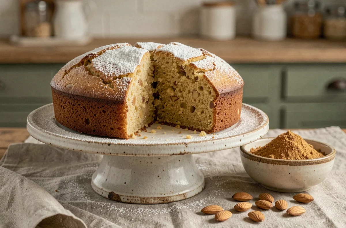 Gâteau aux amandes tranché sur un présentoir en céramique rustique avec poudre d'amandes torréfiée et amandes entières sur une table de cuisine