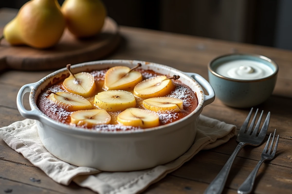 Gâteau poire façon grand-mère au yaourt dans un plat en céramique sur une table en bois rustique
