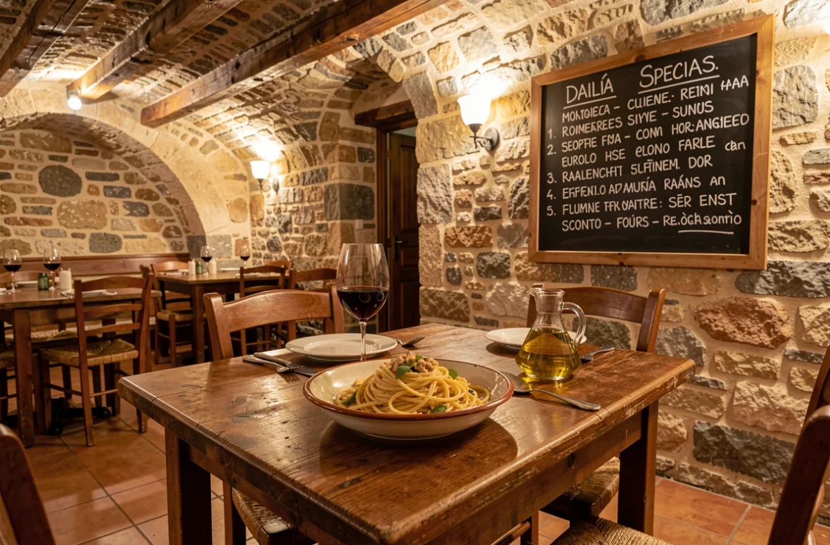 Table dressée pour deux chez Gemelli à Millau avec pâtes maison en bol céramique et verre de vin rouge