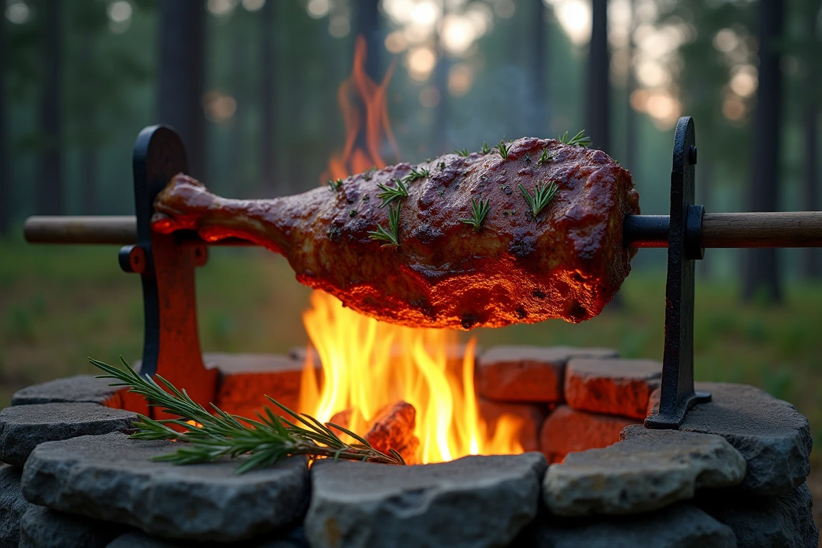 Gigot de chevreuil entier à la broche au-dessus d'un feu de bois en plein air avec braises rougeoyantes et romarin frais