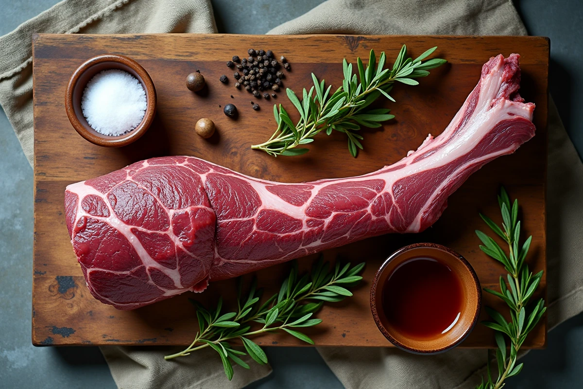 Gigot de chevreuil découpé sur planche en bois avec herbes, genièvre et réduction de vin rouge pour une recette festive